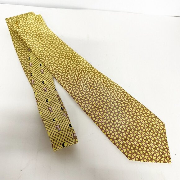 Hermes 100% Silk Tie for Men Yellow Owl Moon Novelty Chain Links Made in France - Picture 1 of 5